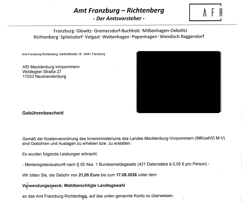 Teilweise geschwärzter Gebührenbescheid des Amts Franzburg-Richtenberg an die AfD Mecklenburg-Vorpommern: 421 Datensätze für 21,05 Euro, Verwendungszweck Wahlberechtigte Landtagswahl.