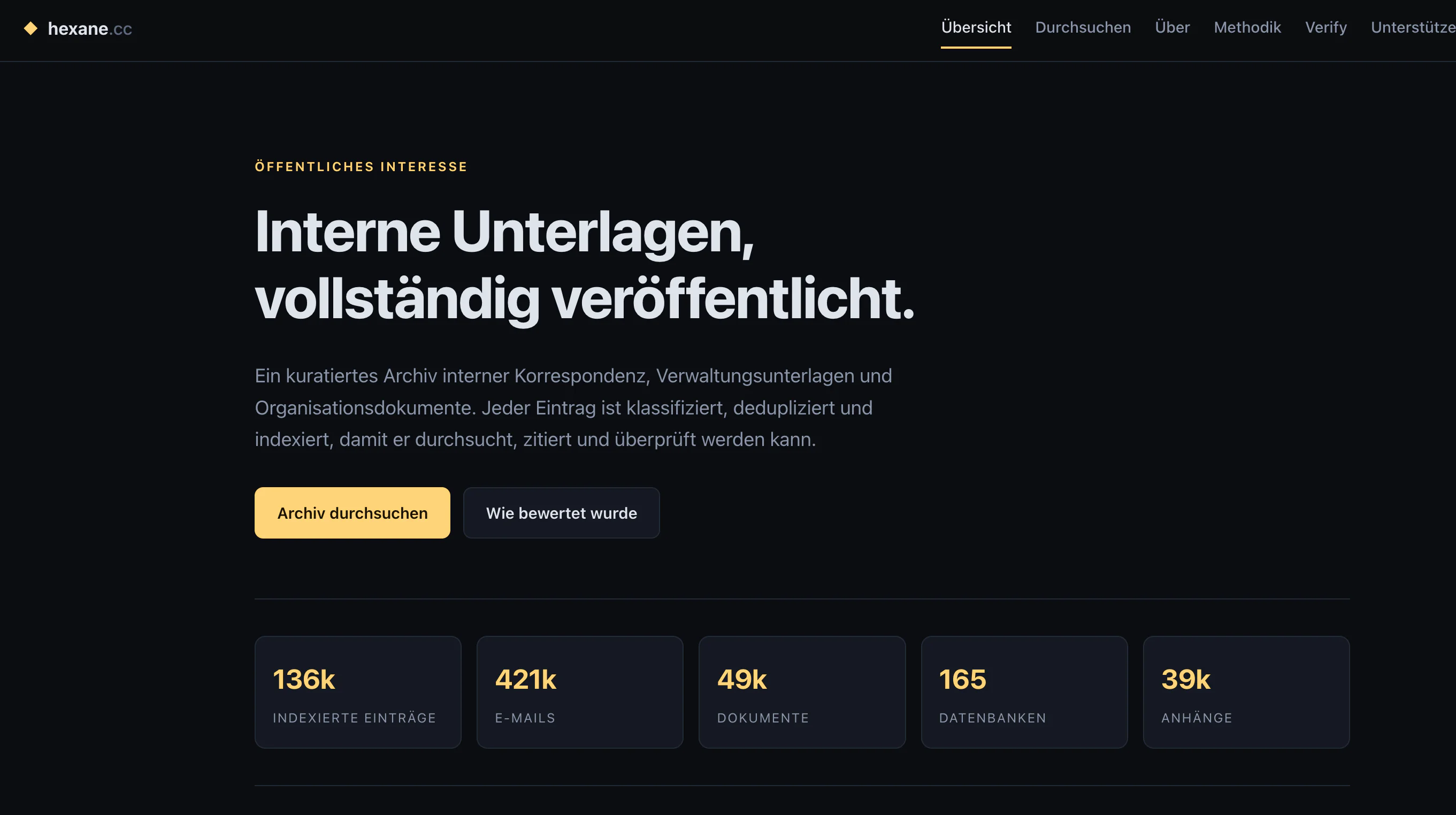 Screenshot der Webseite hexane.cc mit der Überschrift „Interne Unterlagen, vollständig veröffentlicht.“ und einer Übersicht archivierter E-Mails und Dokumente.