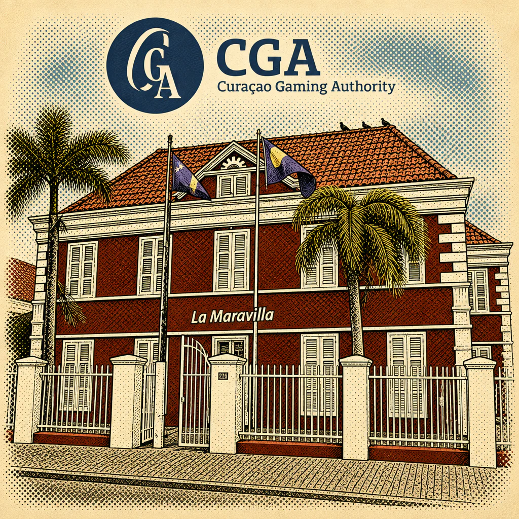 CGA-Logo und darunter das Gebäude der Glücksspielaufsicht in Curaçao
