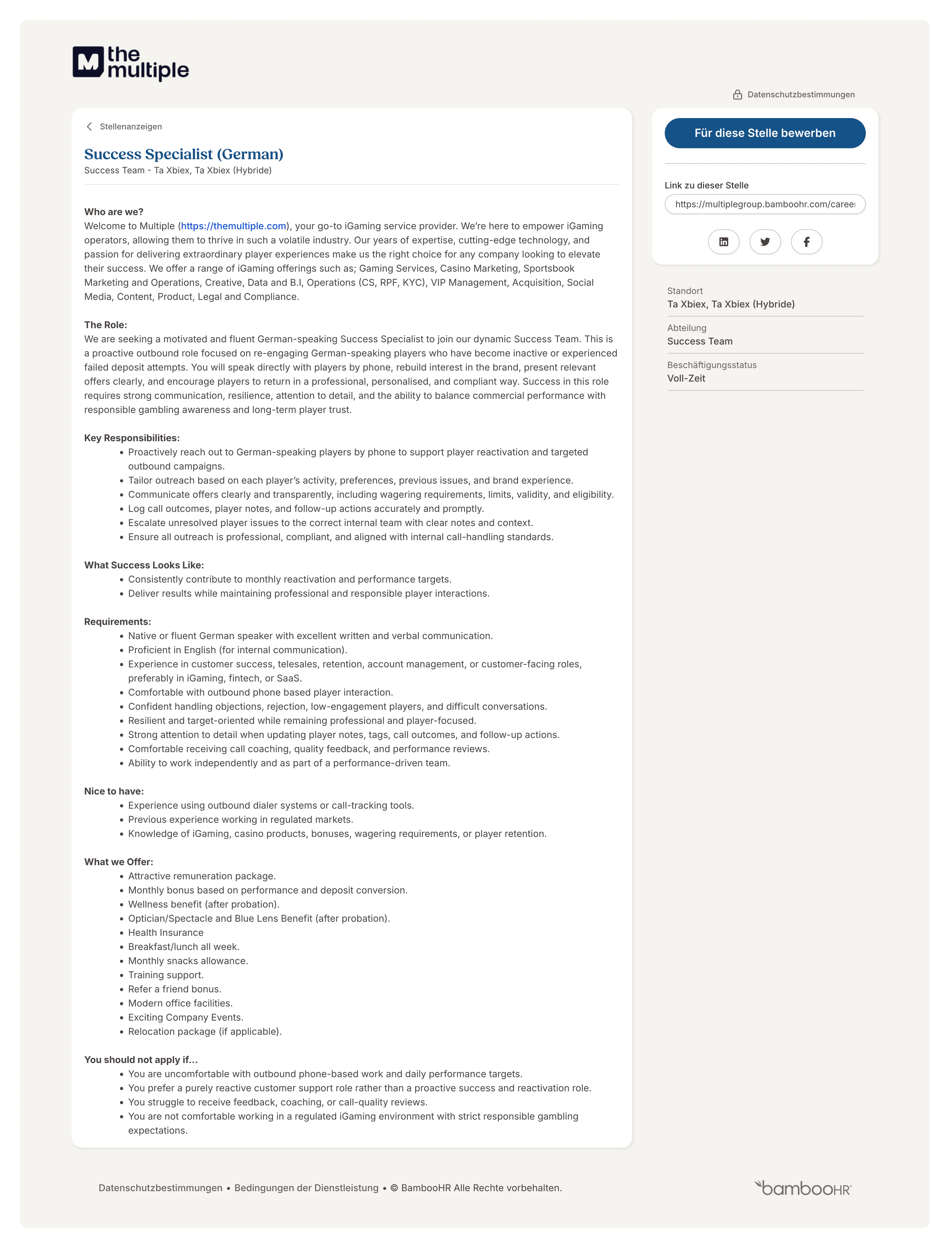 Job offer platincasino support