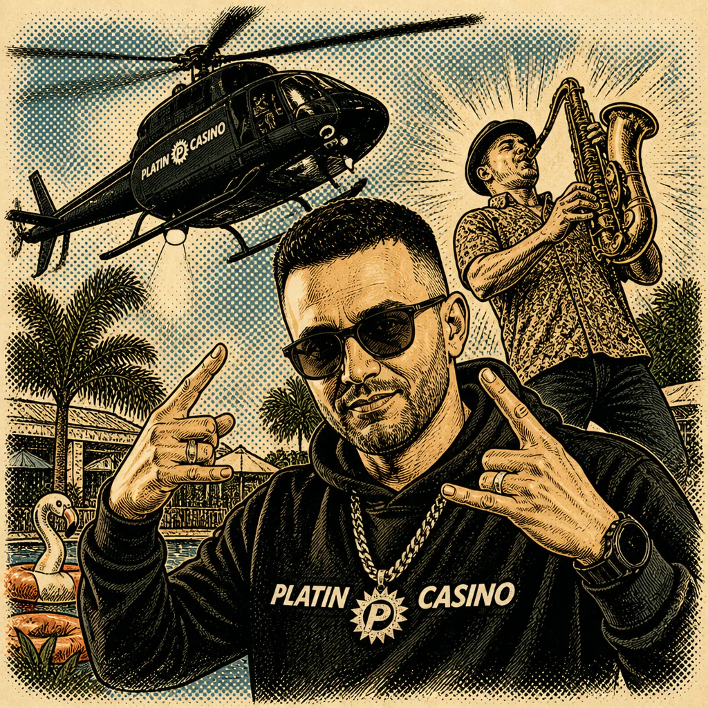 Thomas Daniel Kalman in einem Platincasino Pulli. Eine Poolparty mit Saxophonist im Hintergrund.